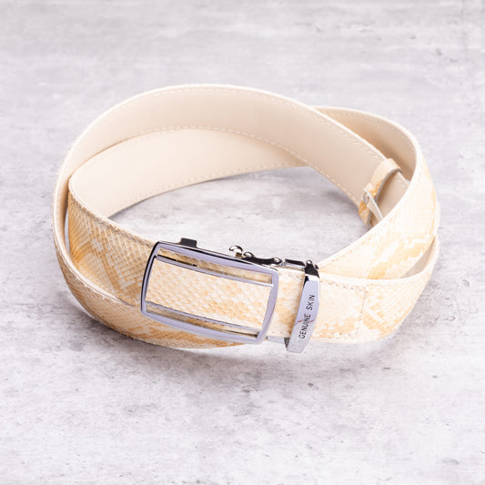 【値下げ】【アウトレット品・在庫品】和トモス:本格ホワイトパイソンベルト、裏が本牛革。オリジナル構造で日本上陸!(DBE-001)